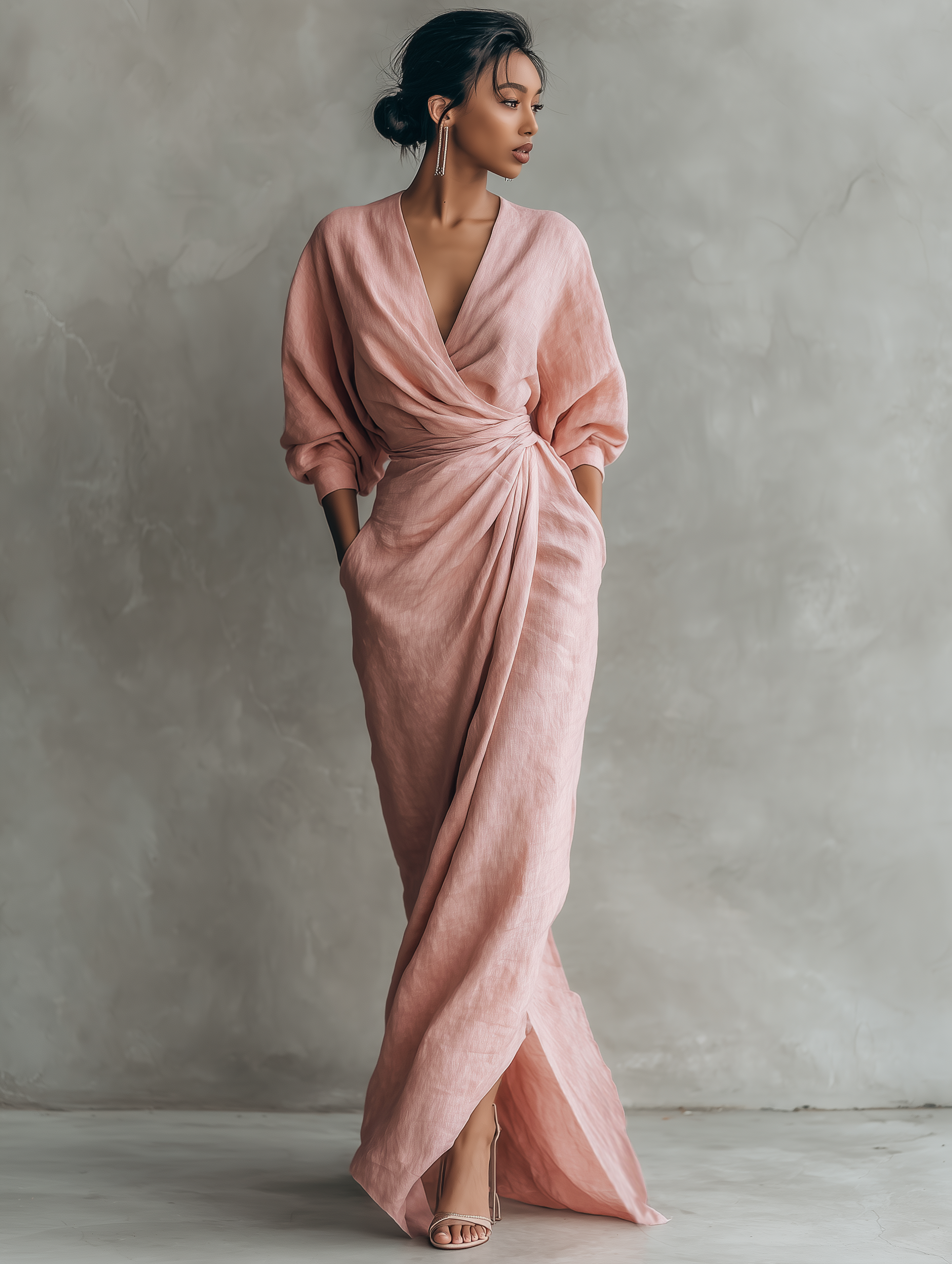 Pink Minimalist Maxi Dress with V-Neck for Women