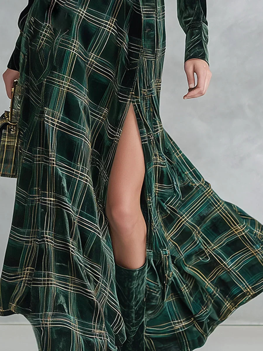 ISA | GREEN VELVET PLAID MAXI DRESS SET