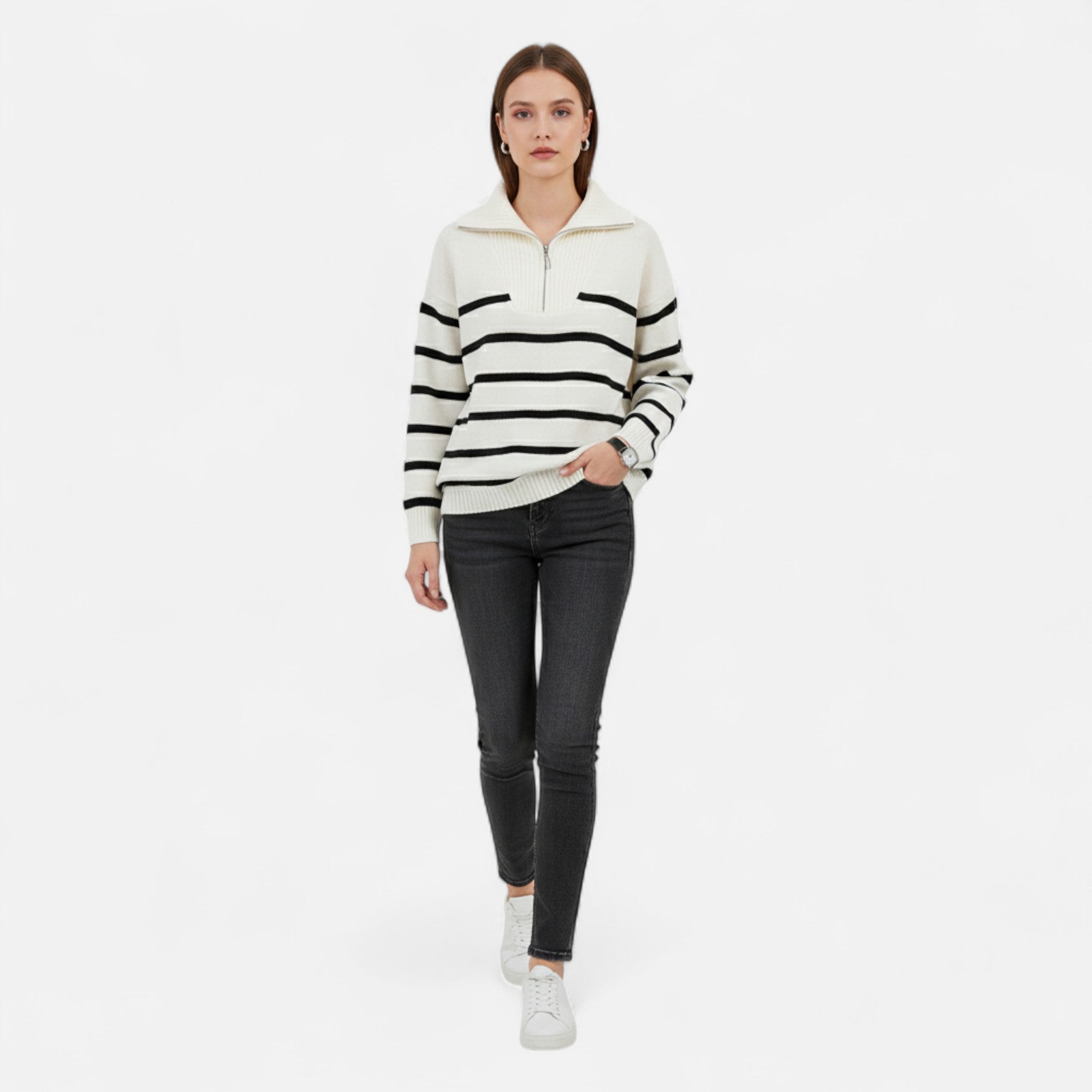 Women's Striped Knit Polo Sweater