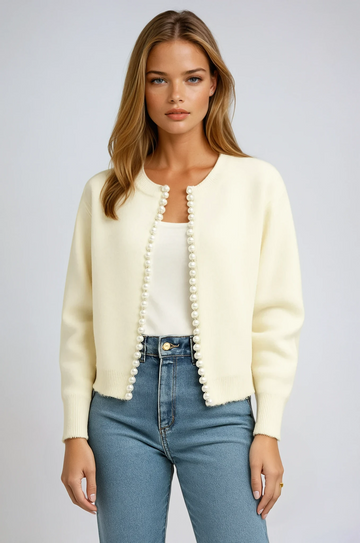 Pearline | Pearl Trim Round Neck Knit Cardigan