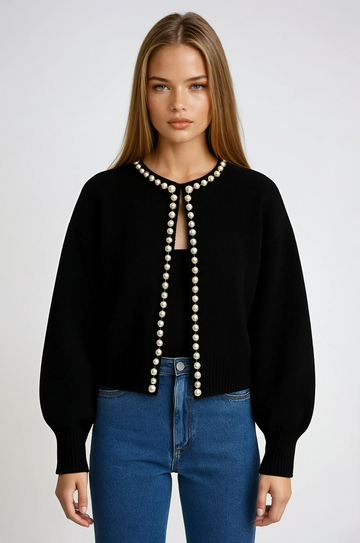Anwen | Pearl-Trimmed Knit Cardigan