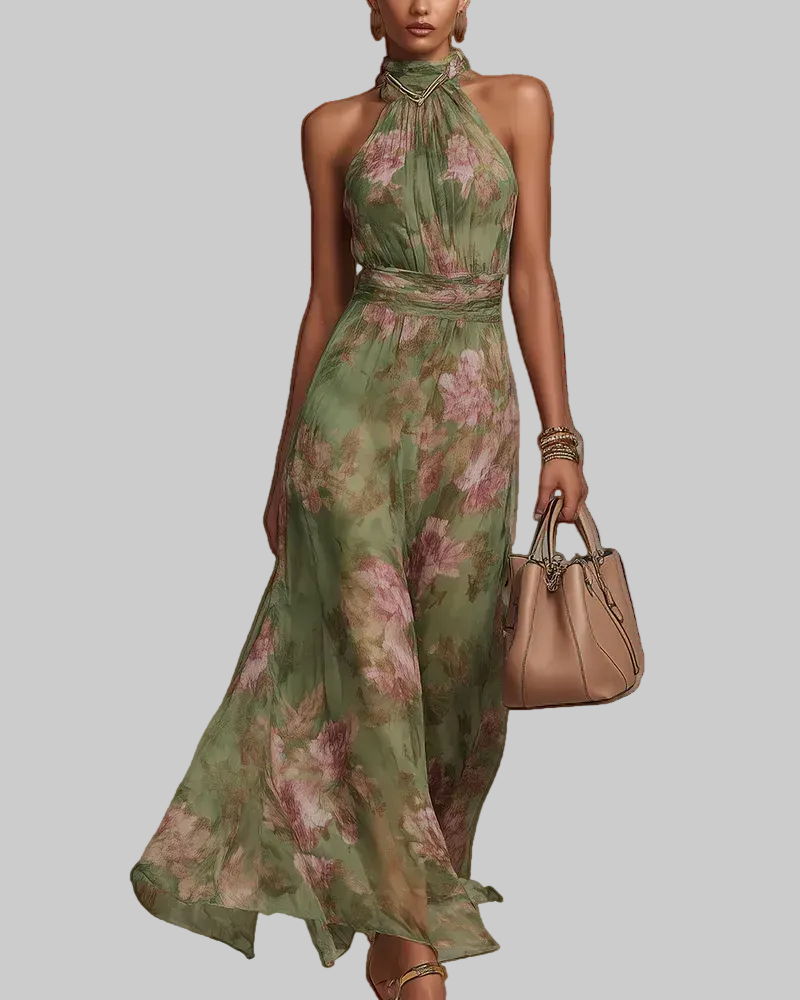 Serena — Elegant Floral Chiffon Halter Maxi Dress