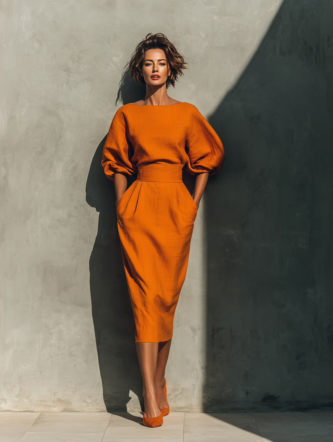 Women's Orange Mid-sleeve Top And Midi Skirt