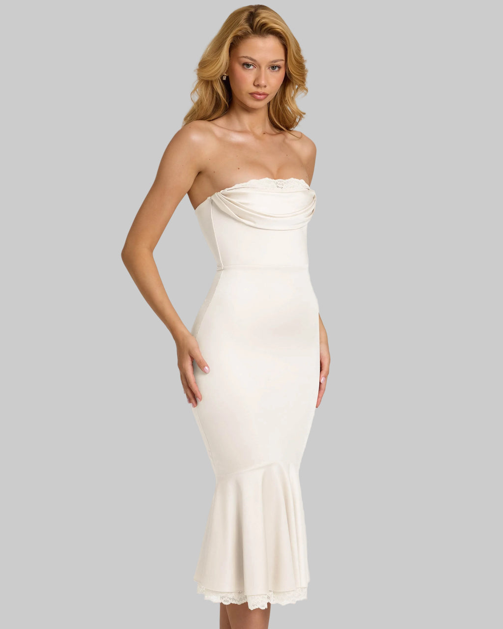 Satin Lace-Trim Bandeau Fluted Midaxi Dress in White