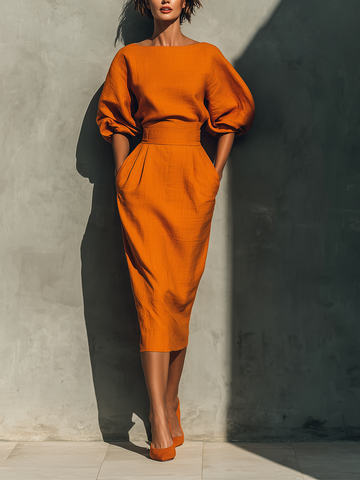 Women's Orange Mid-sleeve Top And Midi Skirt