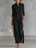 Maxi Sweatshirt Dress for Women with Button-Down Collar and White Trim