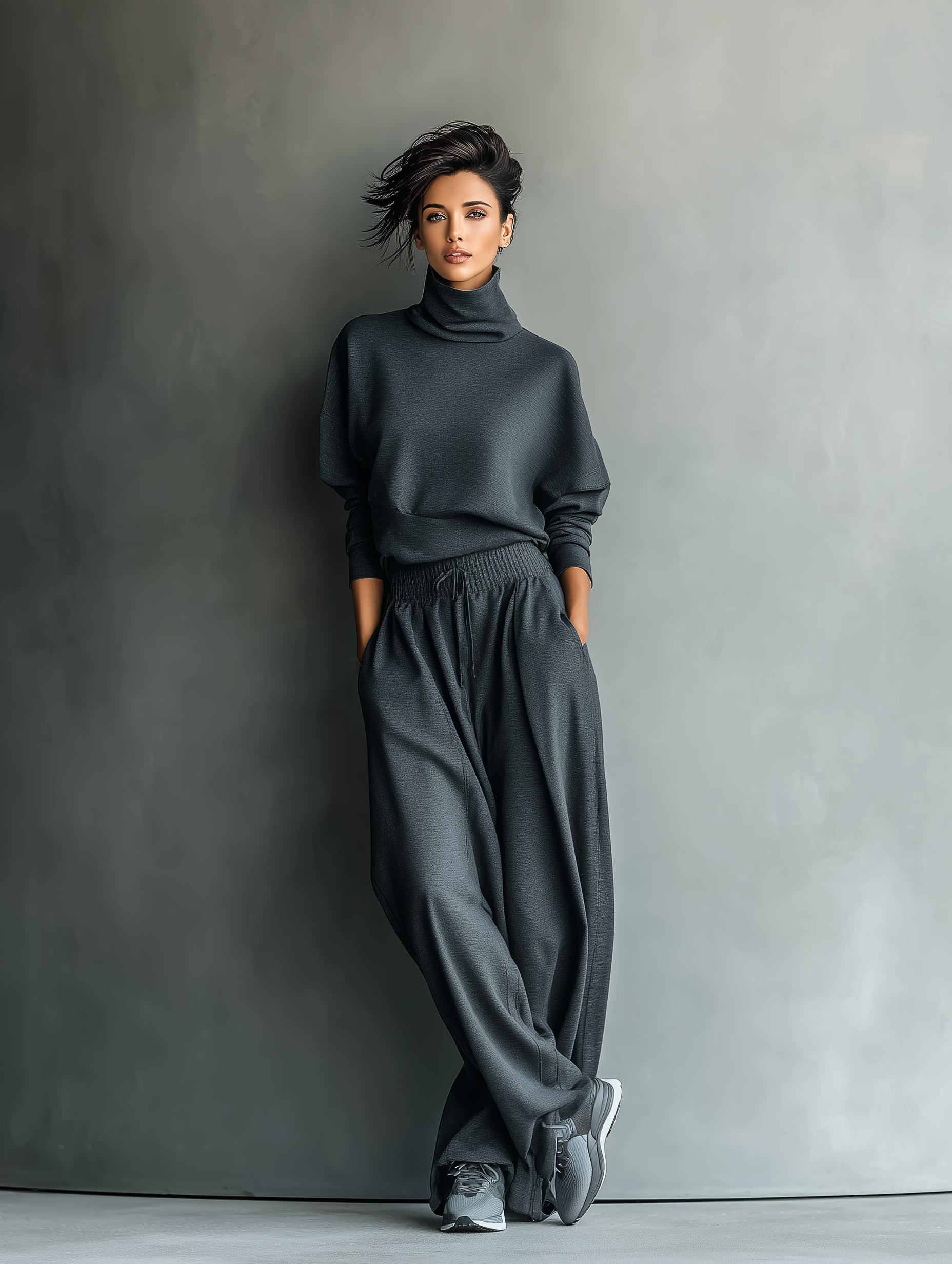 Women's Charcoal Knit Set with High Neck and Wide Leg Pants
