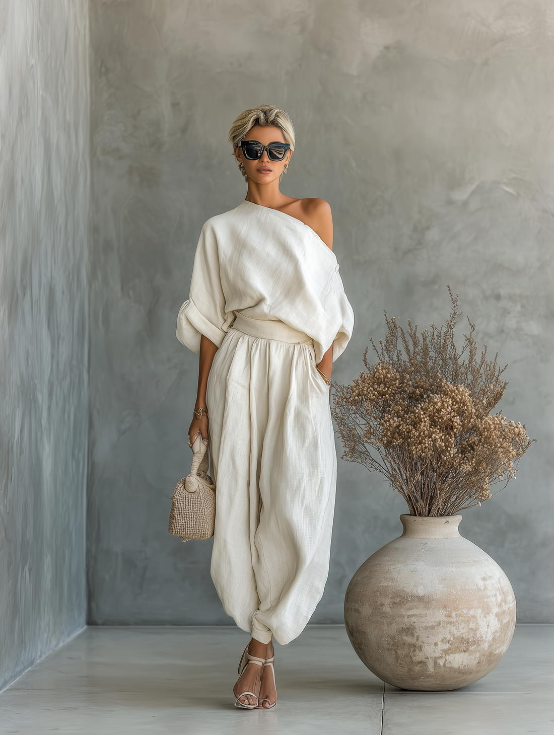 Women's Off-white Linen Off-shoulder Loose Casual Top And Tapered Pants