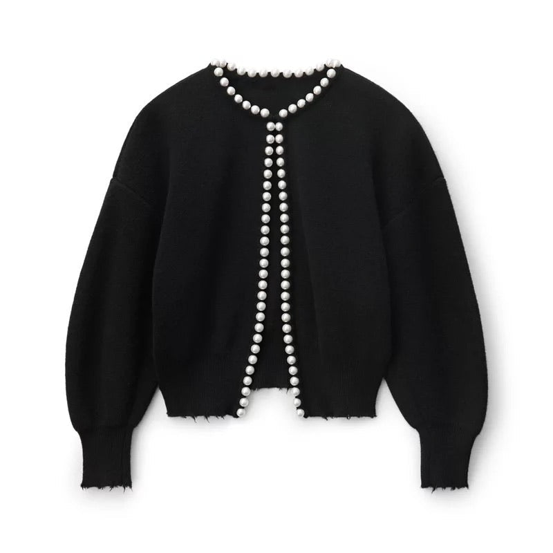 Anwen | Pearl-Trimmed Knit Cardigan