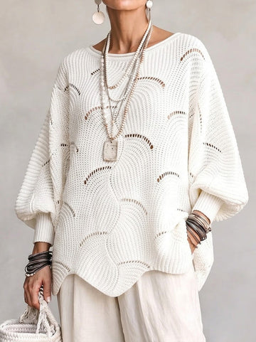 Hannah | Hollow Wave Pattern Loose Lantern Sleeve Knit Top